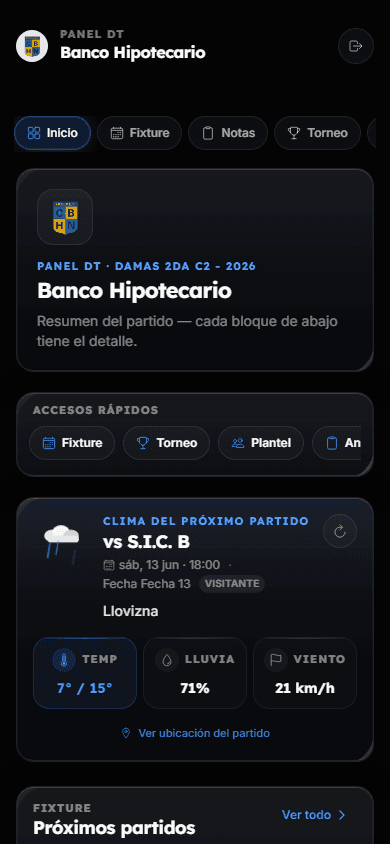 Vista mobile del panel de Webber Hockey